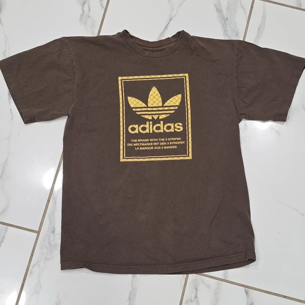 Adidas Originals Trefoil Brown Graphic T Shirt Men's Medium Distressed Logo Y2K